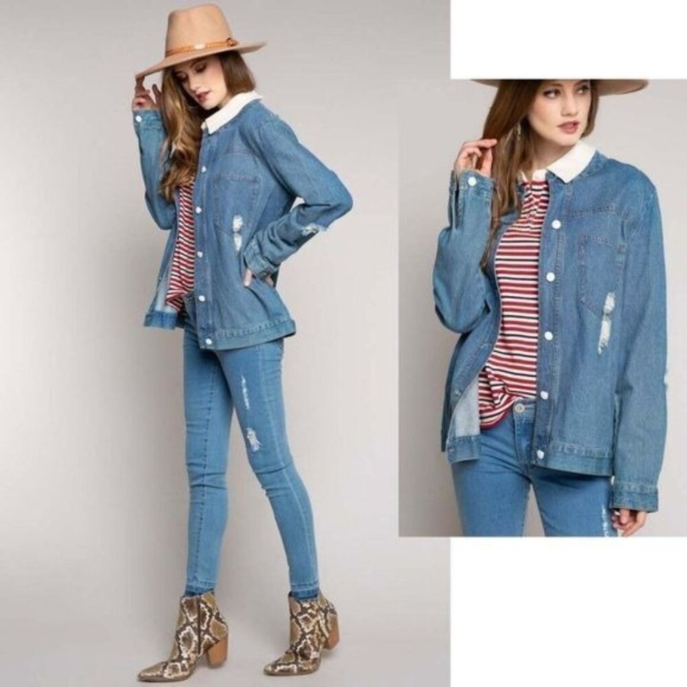 POL Blue Denim Mandarin Collar‎ Distressed Button Down Jacket wWestern Festival